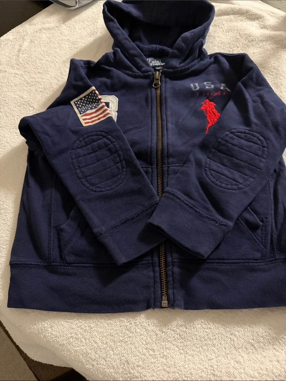 Ralph Lauren Navy Zip-Up Hoodie with Red Pony & USA Patch - Kids